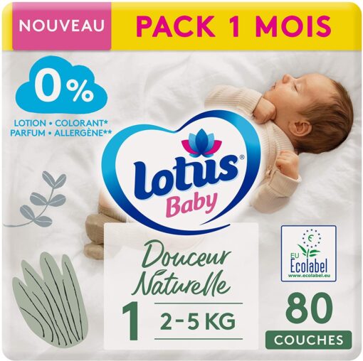 LOTUS BABY Douceur Naturelle - Couches Taille 1 (2-5 kg/Nouveau-né) Pack 1 mois - 80 couches