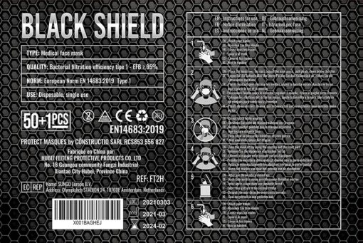 Black Shield - Certification CE - Masque chirurgical MEDICAL noir - Lot de 50 - TYPE 1 - Filtration EFB 95% - EN14683 – Image 6