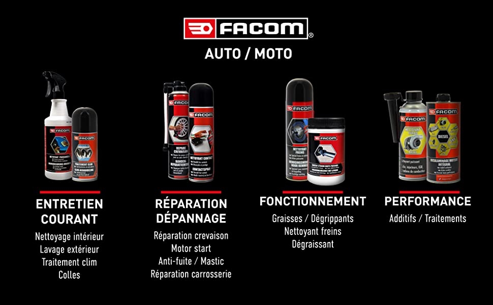 produit entretien voiture facom; repare crevaison;motor start;additifs moteur;nettoyant moteur;CT