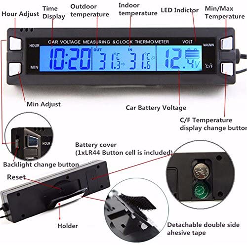 PolarLander Multifonction 3 en 1 Horloge numérique Voiture thermomètre Voiture voltmètre Voiture à l'intérieur et de l'alarme de Tension de température extérieure – Image 2