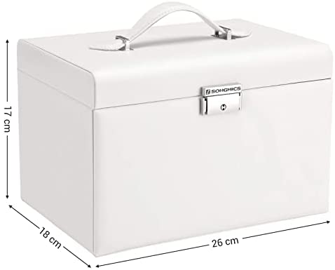 SONGMICS Boîte à bijoux, Organisateur à bijoux avec 2 tiroirs, Coffre à bijoux verrouillable avec miroir, Boîte de voyage portable, doublure en velours, idée cadeau, Blanc JBC121W – Image 6