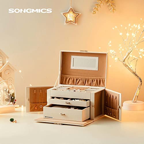 SONGMICS Boîte à bijoux, Organisateur à bijoux avec 2 tiroirs, Coffre à bijoux verrouillable avec miroir, Boîte de voyage portable, doublure en velours, idée cadeau, Blanc JBC121W – Image 2