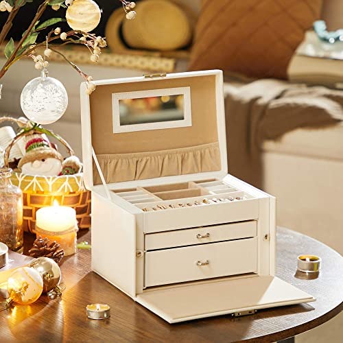 SONGMICS Boîte à bijoux, Organisateur à bijoux avec 2 tiroirs, Coffre à bijoux verrouillable avec miroir, Boîte de voyage portable, doublure en velours, idée cadeau, Blanc JBC121W – Image 3