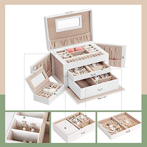 SONGMICS Boîte à bijoux, Organisateur à bijoux avec 2 tiroirs, Coffre à bijoux verrouillable avec miroir, Boîte de voyage portable, doublure en velours, idée cadeau, Blanc JBC121W – Image 4