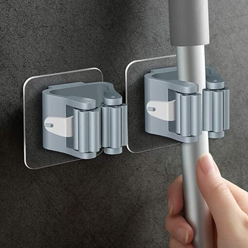 Gendako 4 Pièces Porte-Balai Mural Auto-adhésif Porte Vadrouille Accroche Balai Mural sans Perçage Pince à Balai Supports de Balai de Vadrouille Gris Accroche Balai pour Porte Salle de Bain – Image 3