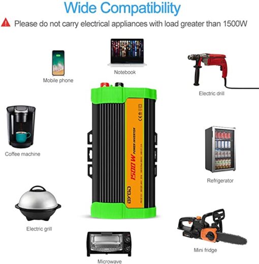 BYGD 1500W Convertisseur 12V à 220V 230V Onduleur Convertisseur de Tension DC AC Power Inverter avec Prise EU et 2 x 2,1 A Port USB,Onde Sinusoïdale Modifiée – Image 4