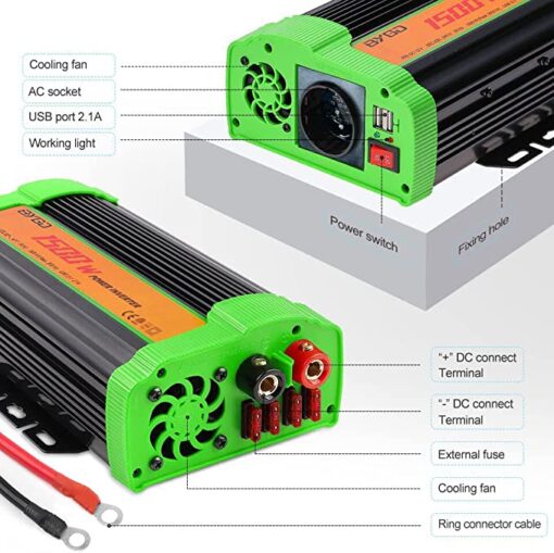 BYGD 1500W Convertisseur 12V à 220V 230V Onduleur Convertisseur de Tension DC AC Power Inverter avec Prise EU et 2 x 2,1 A Port USB,Onde Sinusoïdale Modifiée – Image 2