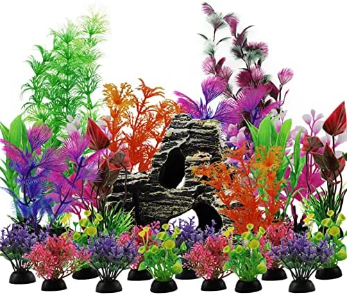 PietyPet Aquarium Decoration Plante, Plantes Artificielle Aquarium Deco et Rocher Polyrésine Grotte Ornement, Cachette Décoration pour Aquarium Poissons, 25 Pièces