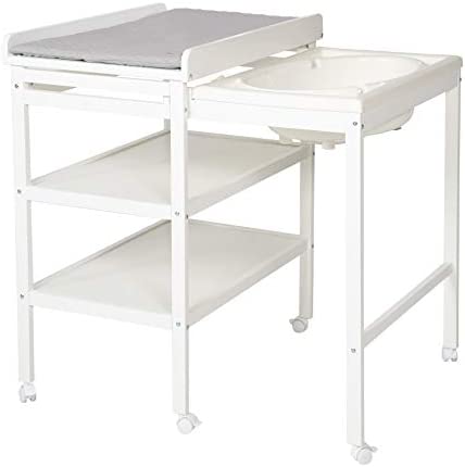 roba Table à Langer avec Baignoire Coulissante Baby Pool 2EN1 avec Matelas Imperméable Blanc et 2 Compartiments de Rangement - Bain Bébé Dès la Naissance - Bois Naturel – Image 10
