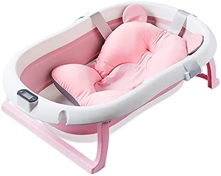 SONARIN Baignoire Pliable pour Bébé avec Détection de Température en Temps Réel,Antidérapante Bassin de Douche Portable Baignoire Bebe avec Coussin pour Nouveau-né Enfants,Drainage Rapide(Rose)