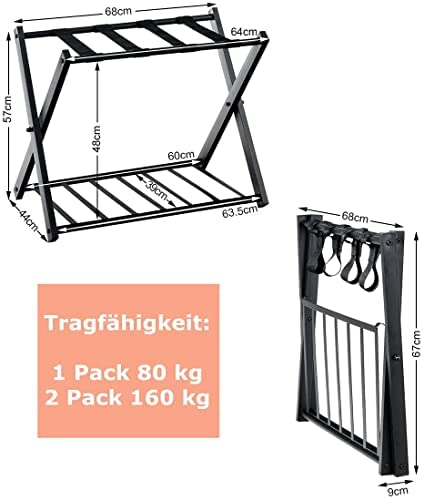 RELAX4LIFE Porte-Bagage Valises Pliable en Métal 68x44x57cm, Support de Valise Porte-valises Pliant avec 2 Étages & 4 Sangles, Support Sacs de Voyage Noir pour Hôtel Chambre, Domicile, Noir (1 paquet) – Image 7