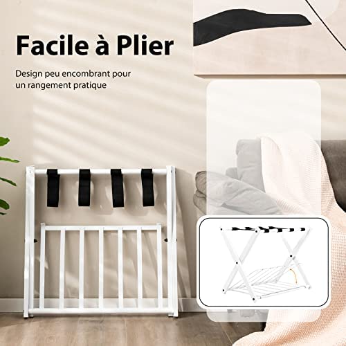 COSTWAY Support de Valise Lot de 2 Porte Bagages Pliable 68x43x58CM avec 2 Etages et 4 Sangles Rangement pour Bagages Pliant, en Métal Noir pour Chambre, Domicile, Hôtel. (Blanc) – Image 6