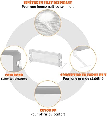 DREAMADE Barrière de Lit Pliable pour Bébé, Barrière de Protection pour Bord de Lit, Rail de Lit Protection pour Enfants, 105CM/120CM/150CMX40CMX42CM, Blanc/Gris/Bleu (Gris, 120 CM) – Image 4