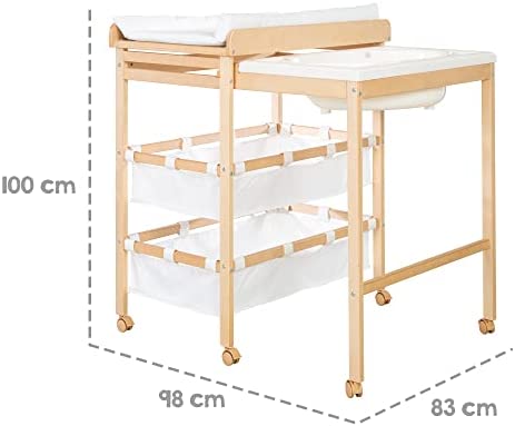 roba Table à Langer avec Baignoire Coulissante Baby Pool 2EN1 avec Matelas Imperméable Blanc et 2 Compartiments de Rangement - Bain Bébé Dès la Naissance - Bois Naturel – Image 7