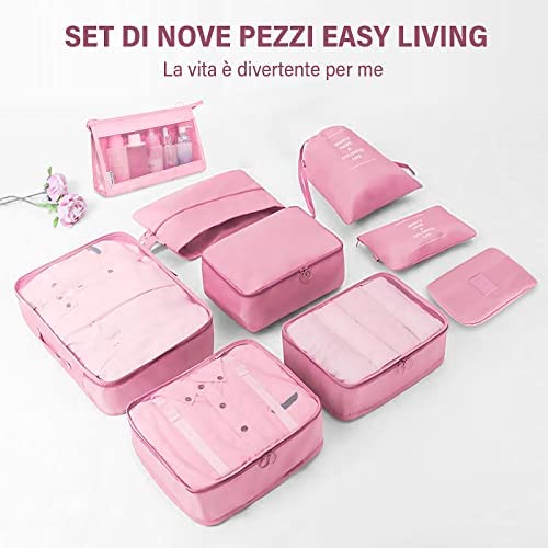 Kit d'organisation de valise 9 pièces, kit de rangement de voyage en tissu imperméable pour vêtements, cosmétiques, chaussures, sous-vêtements, câble de chargement – Image 5