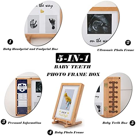 Cadres Photo en Bois de Bébé avec Empreinte Mains et Pieds de Bébé + échographie + Boîte à Dents De Lait + Carte information sur la naissance,5 in 1 Souvenir Pour Nouveau-Nés,Garçons Et Filles – Image 2