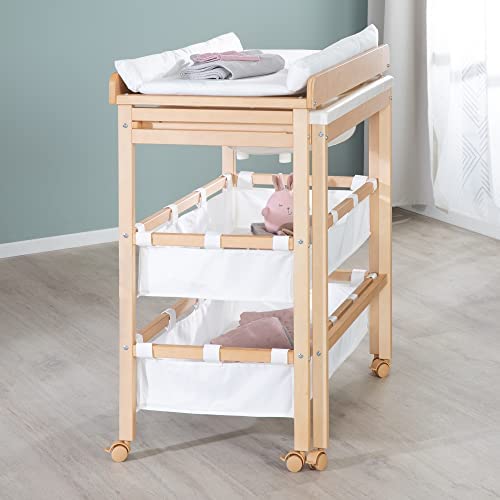 roba Table à Langer avec Baignoire Coulissante Baby Pool 2EN1 avec Matelas Imperméable Blanc et 2 Compartiments de Rangement - Bain Bébé Dès la Naissance - Bois Naturel – Image 4