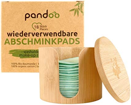 pandoo Lot de 18 disques de cotons réutilisables et lavables - En coton biologique - Disques de coton démaquillant - Respectueux de l'environnement - Avec trousse de toilette et boîte en bambou