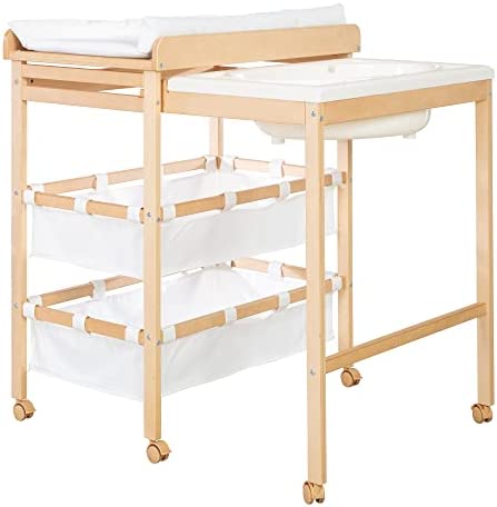 roba Table à Langer avec Baignoire Coulissante Baby Pool 2EN1 avec Matelas Imperméable Blanc et 2 Compartiments de Rangement - Bain Bébé Dès la Naissance - Bois Naturel – Image 8