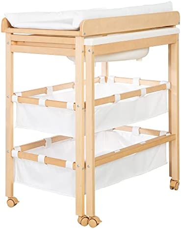 roba Table à Langer avec Baignoire Coulissante Baby Pool 2EN1 avec Matelas Imperméable Blanc et 2 Compartiments de Rangement - Bain Bébé Dès la Naissance - Bois Naturel – Image 2