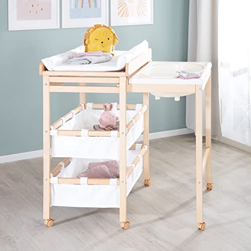 roba Table à Langer avec Baignoire Coulissante Baby Pool 2EN1 avec Matelas Imperméable Blanc et 2 Compartiments de Rangement - Bain Bébé Dès la Naissance - Bois Naturel – Image 5