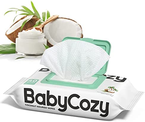 Lingettes Pour bébé, Nouvelle Formule de Lotion, Lingettes Nettoyantes et Hydratantes 2 en 1 BabyCozy, 100% Fibres Végétales et 100% Biodégradables, Lingettes Parfumées à la Noix de Coco, 40 Lingettes