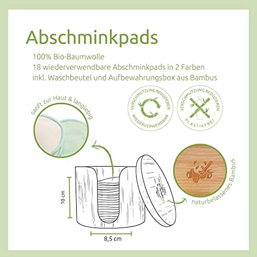 pandoo Lot de 18 disques de cotons réutilisables et lavables - En coton biologique - Disques de coton démaquillant - Respectueux de l'environnement - Avec trousse de toilette et boîte en bambou – Image 2