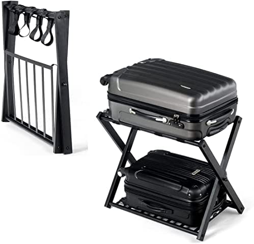 RELAX4LIFE Porte-Bagage Valises Pliable en Métal 68x44x57cm, Support de Valise Porte-valises Pliant avec 2 Étages & 4 Sangles, Support Sacs de Voyage Noir pour Hôtel Chambre, Domicile, Noir (1 paquet)