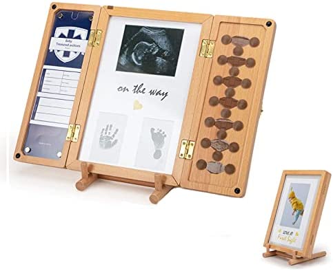 Cadres Photo en Bois de Bébé avec Empreinte Mains et Pieds de Bébé + échographie + Boîte à Dents De Lait + Carte information sur la naissance,5 in 1 Souvenir Pour Nouveau-Nés,Garçons Et Filles