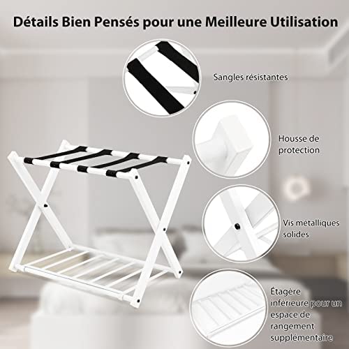 COSTWAY Support de Valise Lot de 2 Porte Bagages Pliable 68x43x58CM avec 2 Etages et 4 Sangles Rangement pour Bagages Pliant, en Métal Noir pour Chambre, Domicile, Hôtel. (Blanc) – Image 5