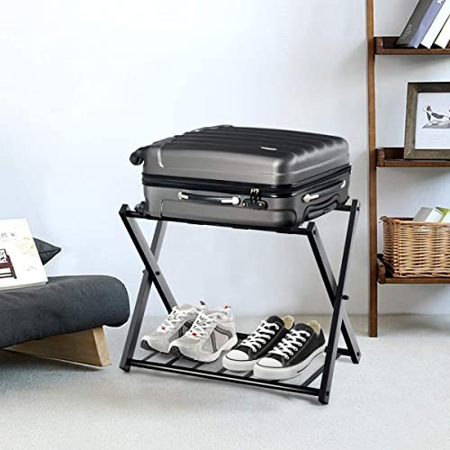 RELAX4LIFE Porte-Bagage Valises Pliable en Métal 68x44x57cm, Support de Valise Porte-valises Pliant avec 2 Étages & 4 Sangles, Support Sacs de Voyage Noir pour Hôtel Chambre, Domicile, Noir (1 paquet) – Image 2