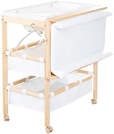 roba Table à Langer avec Baignoire Coulissante Baby Pool 2EN1 avec Matelas Imperméable Blanc et 2 Compartiments de Rangement - Bain Bébé Dès la Naissance - Bois Naturel – Image 12