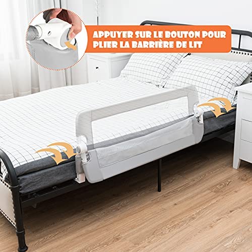 DREAMADE Barrière de Lit Pliable pour Bébé, Barrière de Protection pour Bord de Lit, Rail de Lit Protection pour Enfants, 105CM/120CM/150CMX40CMX42CM, Blanc/Gris/Bleu (Gris, 120 CM) – Image 3