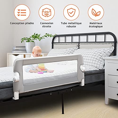 DREAMADE Barrière de Lit Pliable pour Bébé, Barrière de Protection pour Bord de Lit, Rail de Lit Protection pour Enfants, 105CM/120CM/150CMX40CMX42CM, Blanc/Gris/Bleu (Gris, 120 CM) – Image 2