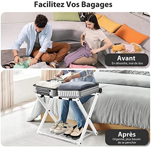 COSTWAY Support de Valise Lot de 2 Porte Bagages Pliable 68x43x58CM avec 2 Etages et 4 Sangles Rangement pour Bagages Pliant, en Métal Noir pour Chambre, Domicile, Hôtel. (Blanc) – Image 4