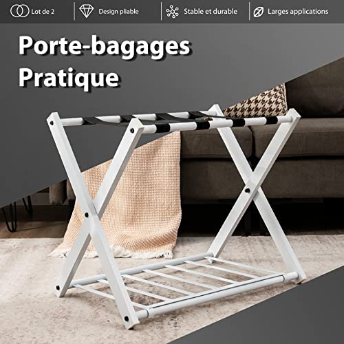 COSTWAY Support de Valise Lot de 2 Porte Bagages Pliable 68x43x58CM avec 2 Etages et 4 Sangles Rangement pour Bagages Pliant, en Métal Noir pour Chambre, Domicile, Hôtel. (Blanc) – Image 3