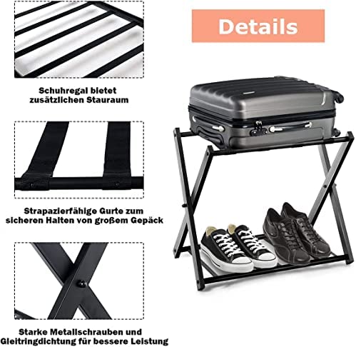 RELAX4LIFE Porte-Bagage Valises Pliable en Métal 68x44x57cm, Support de Valise Porte-valises Pliant avec 2 Étages & 4 Sangles, Support Sacs de Voyage Noir pour Hôtel Chambre, Domicile, Noir (1 paquet) – Image 6