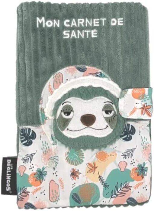 LES DÉGLINGOS Protège Carnet de Santé (Chillos le Paresseux) - Fermeture en Velcro - 25 x 18 cm- Doudou Bébé Puériculture - Ultra Doux - Idée Cadeau - Rembourrage Recyclé