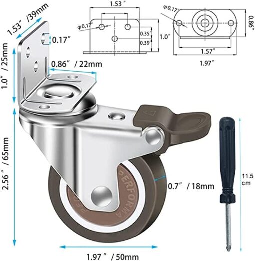 SPRIME Roulettes pour Meubles avec 4 Frein Roulette Charges Lourdes en L 50mm 108kg Roulette Sans Traces au Sol pour Charge Lourde avec 20 vis, 3 tournevis, Roue en Caoutchouc pour Chariot – Image 2