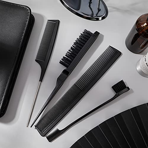 Yorgewd 4 Pièces Set de Brosse à Taquiner, Peigne à Sourcils Brosse à Double Tranchant Peigne Coiffeur Antistatique Peigne Queue de Rat pour Salon de Coiffure à Domicile Coiffer(Noir) – Image 7