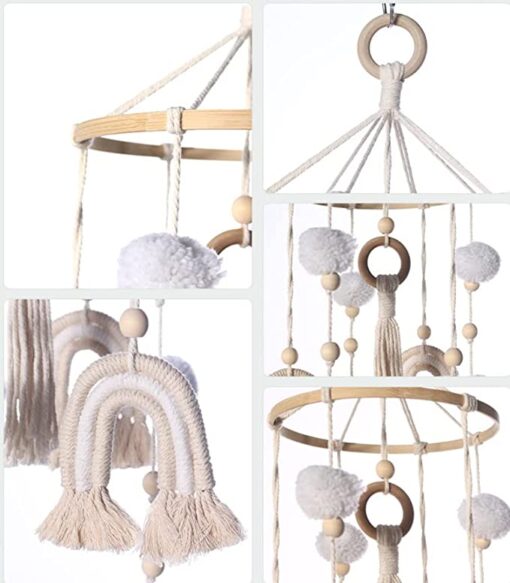 SWECOMZE Lit bébé arc-en-ciel en bois avec pompon - Pour chambre d'enfant et fille - Carillon éolien - Mobile à suspendre - Pour lit de bébé - Beige – Image 2