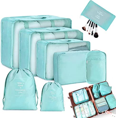 8 pièces Organiseurs de Bagage, Rangement Valise Voyage, Bleu Imperméable Organisateur de Voyage, Organisateur Valise Voyage, Packing Cubes Organiseur pour Les Vêtements, Chaussures Et Cosmétiques