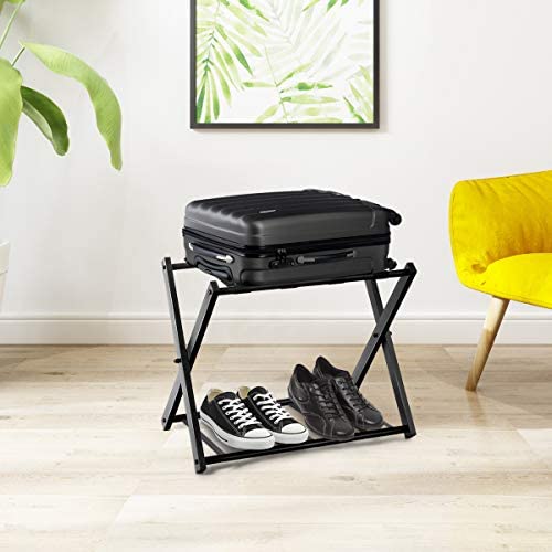 GOPLUS Support de Bagage Pliant en Métal avec 4 Sangles Durables pour Déposer Sacs de Voyages Valises Bagages Chaussures, pour Hôtels, Chambres, Auberges, Gîtes, Capacité de Charge 60KG, Noir (2 PCS) – Image 3