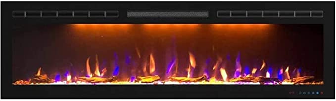 Mystflame Crystal 60 - Cheminée Murale Électrique, 3 Couleurs de Bûches et de Flammes, Thermostat 750/1500W, Chauffage Confort, Ecran Tactile, Minuterie