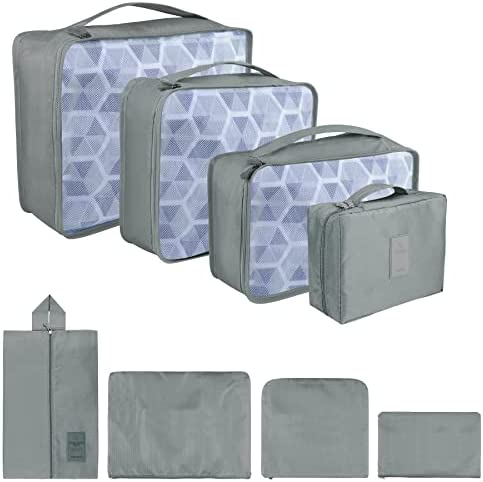 Coolzon Sac Organisateur de Voyage Pochettes de Rangement, Organisateur de Bagages Organiseur de Valise pour Sac à Chaussures Sac à Dos Vêtements sous-Vêtements, Lot de 8 (Gris)