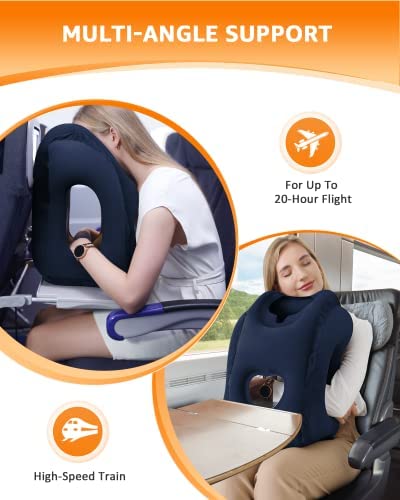 Sunany Oreiller de cou gonflable et oreiller de soutien de tête, utilisé pour le sommeil d'avion, de voiture, de bus, de train et de bureau avec masque pour les yeux/bouchons d'oreille gratuits (Blue) – Image 4