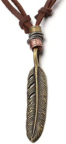 Style Rétro, Plume Pendentif Collier Homme Femme - avec Cordon en Cuir Réglable