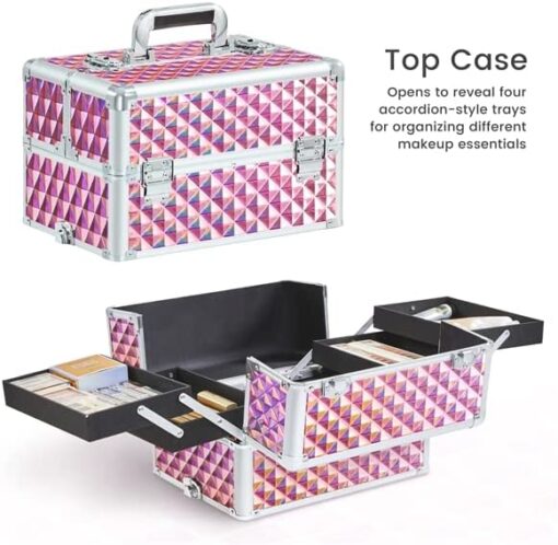 Abician Grande Valise de Maquillage 4 en 1 Mallette Maquillage Professionnelle Beauty Case pour Voyage 4 roulettes Cadre Aluminium Poignée Télescopique Serrures 34× 25,5 × 80,2 cm Rose pailleté – Image 7