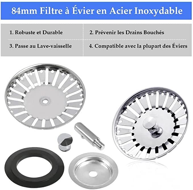 2 Pièces Panier d'évier Ø 84 mm, Bouchon Evier Cuisine INOX Universel, Crépine d'évier de Cuisine Remplacement des Bouchons de Vidange pour Cuisine et Salle de Bain – Image 4