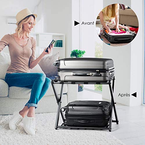 GOPLUS Support de Bagage Pliant en Métal avec 4 Sangles Durables pour Déposer Sacs de Voyages Valises Bagages Chaussures, pour Hôtels, Chambres, Auberges, Gîtes, Capacité de Charge 60KG, Noir (2 PCS) – Image 7